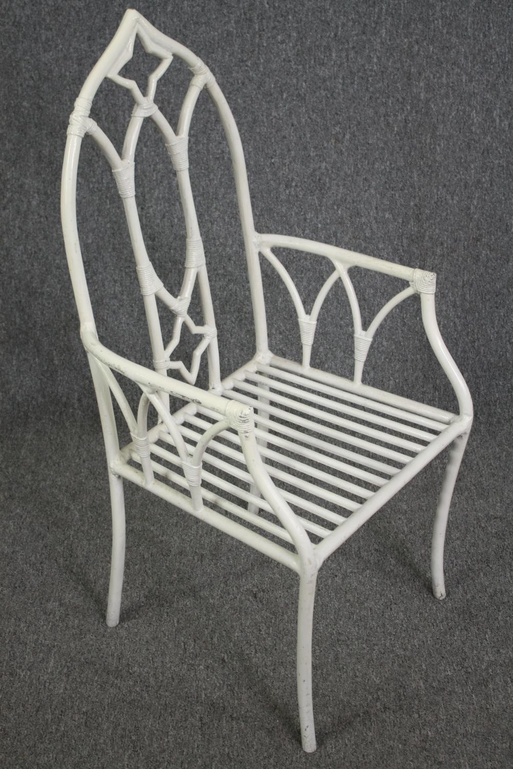 Garden or conservatory chairs, a set of six Gothic style with squab cushions. H.105cm. (Each). - Image 7 of 7