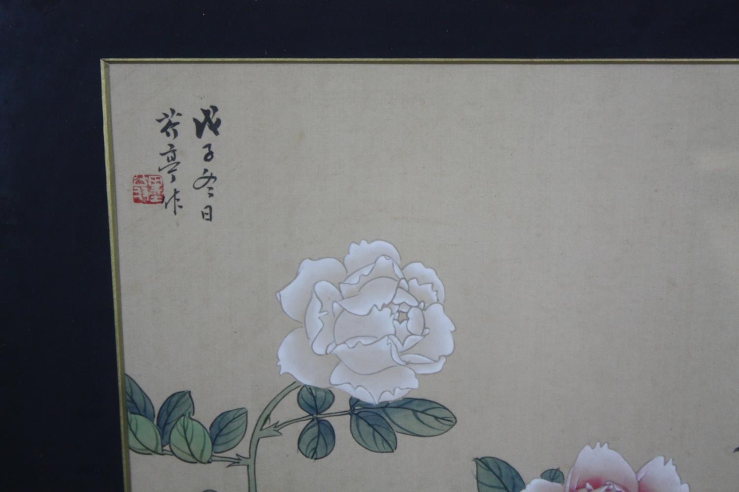 Watercolours, a pair, Japanese on silk with artist's seal, camellias and songbirds. H.47 W.50cm. ( - Image 5 of 6