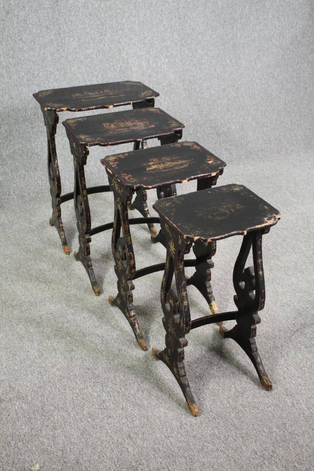 A nest of of four graduating occasional tables, mid century lacquered with Chinoiserie decoration. - Image 4 of 10