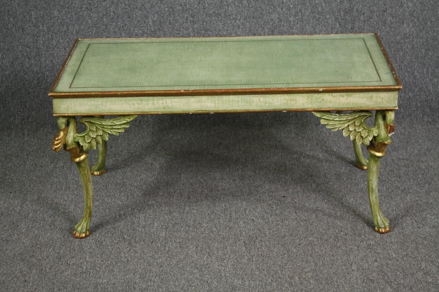 Coffee table, mid century painted raised on gilt swan supports. H.47 W.97 D.49cm.