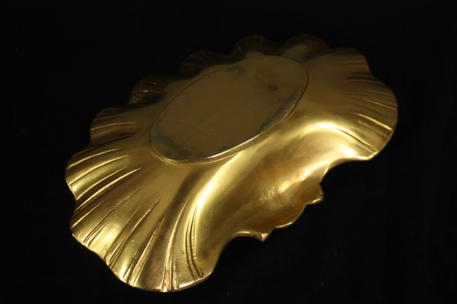 A set of three heavy gilt metal card trays or soap dishes of scalloped form. L.23 W.15cm. (Largest). - Image 3 of 5