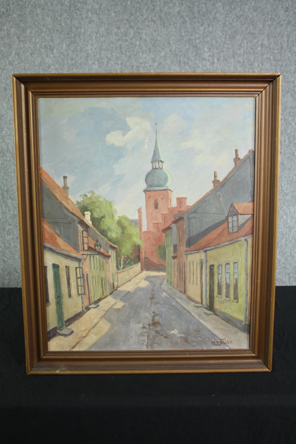 Oil on board. A street scene with church. Eastern European, signed ’M. Nielsen’ lower right. Early - Image 2 of 5