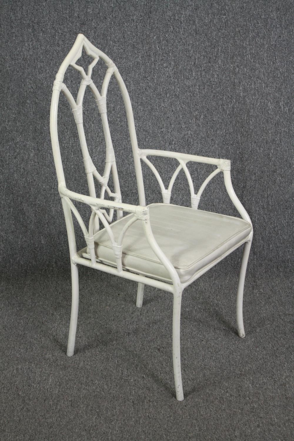 Garden or conservatory chairs, a set of six Gothic style with squab cushions. H.105cm. (Each). - Image 3 of 7