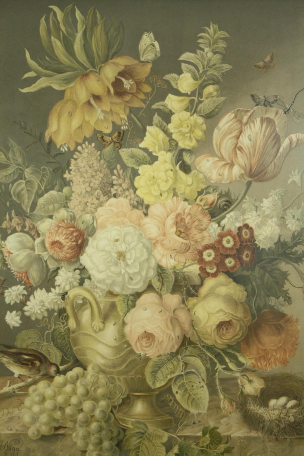 After Joseph Nigg, a gilt framed and glazed print, floral still life. H.95 W.72cm.