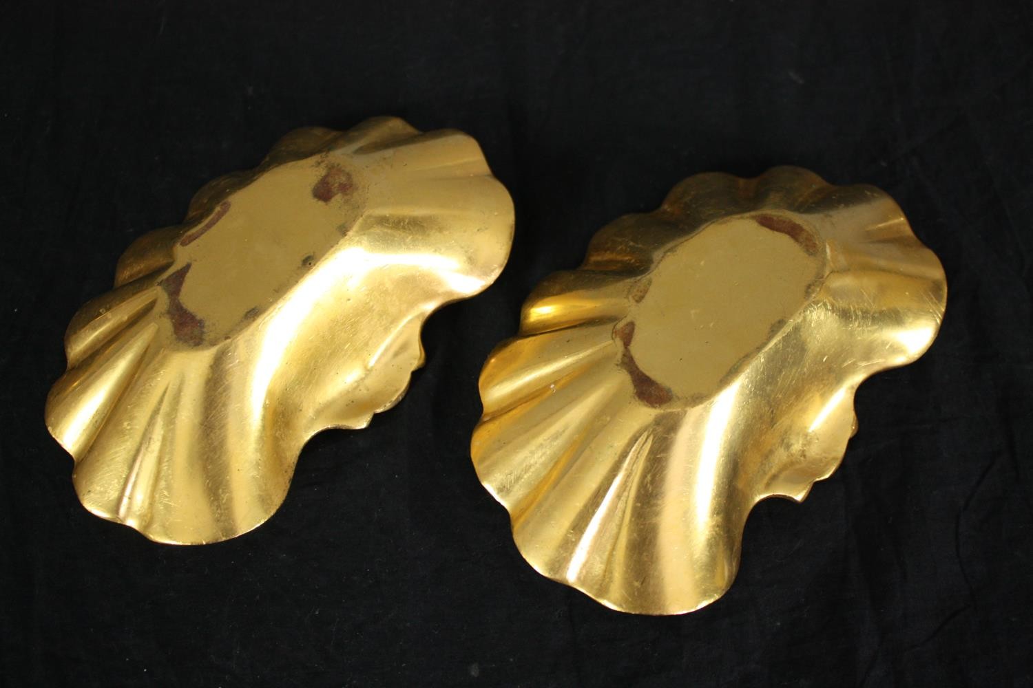 A set of three heavy gilt metal card trays or soap dishes of scalloped form. L.23 W.15cm. (Largest). - Image 5 of 5