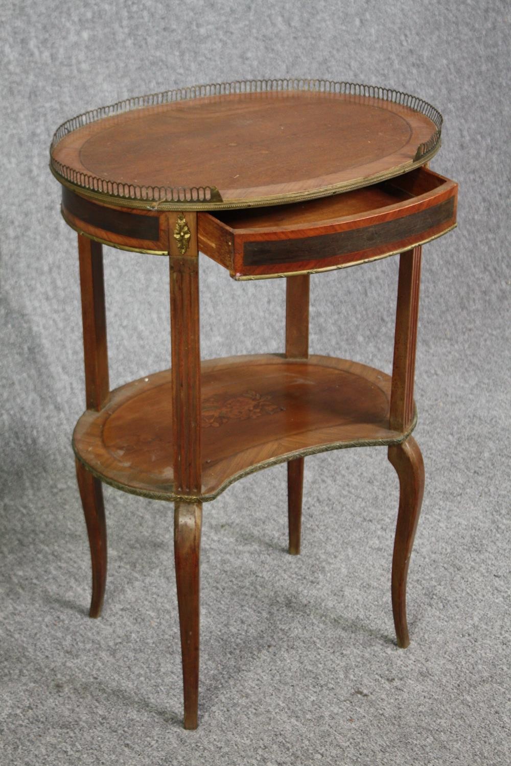 Lamp tables, a pair 19th century walnut crossbanded with ormolu mounts and marquetry inlay. H.74 W. - Image 3 of 7