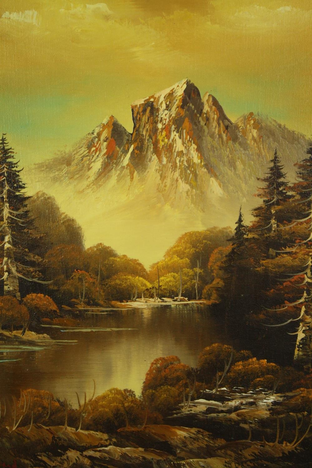 Oil on canvas, lakescape with mountain in the distance, 1970s vintage, signed Ward. H.72 W.59cm.