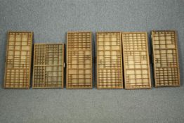 A collection of six vintage letterpress printer's trays. L.84 W.36cm. (Largest).