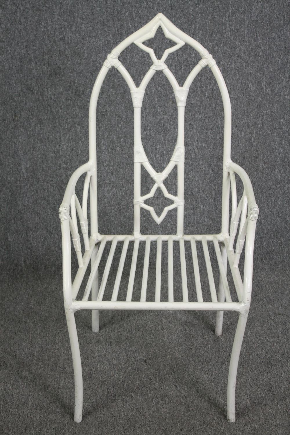 Garden or conservatory chairs, a set of six Gothic style with squab cushions. H.105cm. (Each). - Image 6 of 7