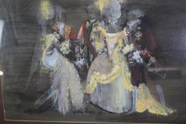 Acrylic on paper, figures in 18th century costume signed Cynthia Jaigey. H.54 W.70cm.