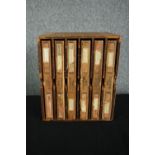 A Victorian wooden cased set of six leather bound clutch files. (Empty) H.33 W.28 D.25cm.