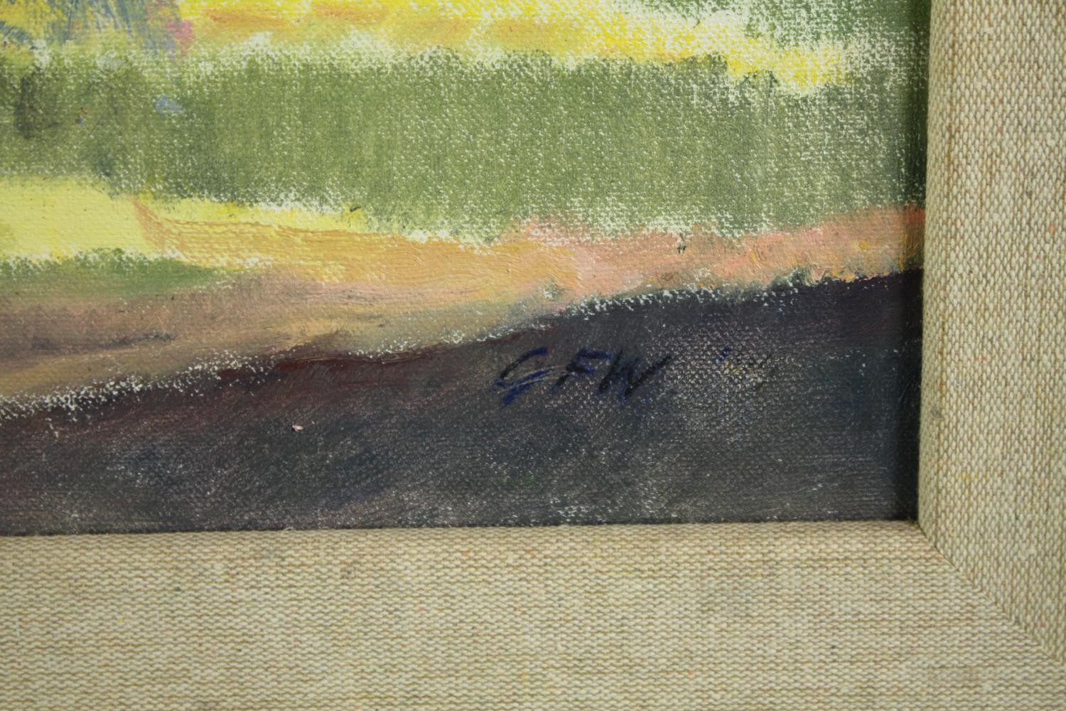 A mid twentieth century oil on board. Signed with the initials 'G.F.W'. A label on the back - Image 3 of 5