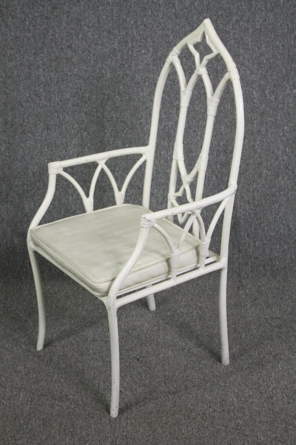 Garden or conservatory chairs, a set of six Gothic style with squab cushions. H.105cm. (Each). - Image 4 of 7