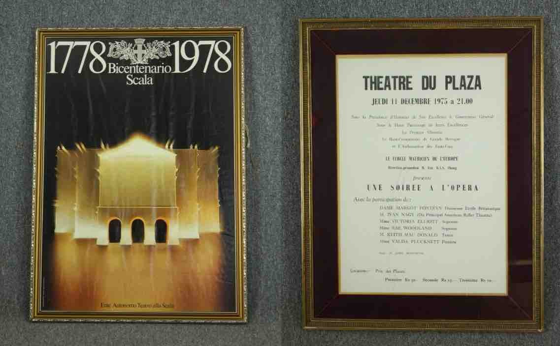 A framed bicentenary Scala poster and a Theatre du Plaza poster. (Cracked glass). H.105 W.74cm.