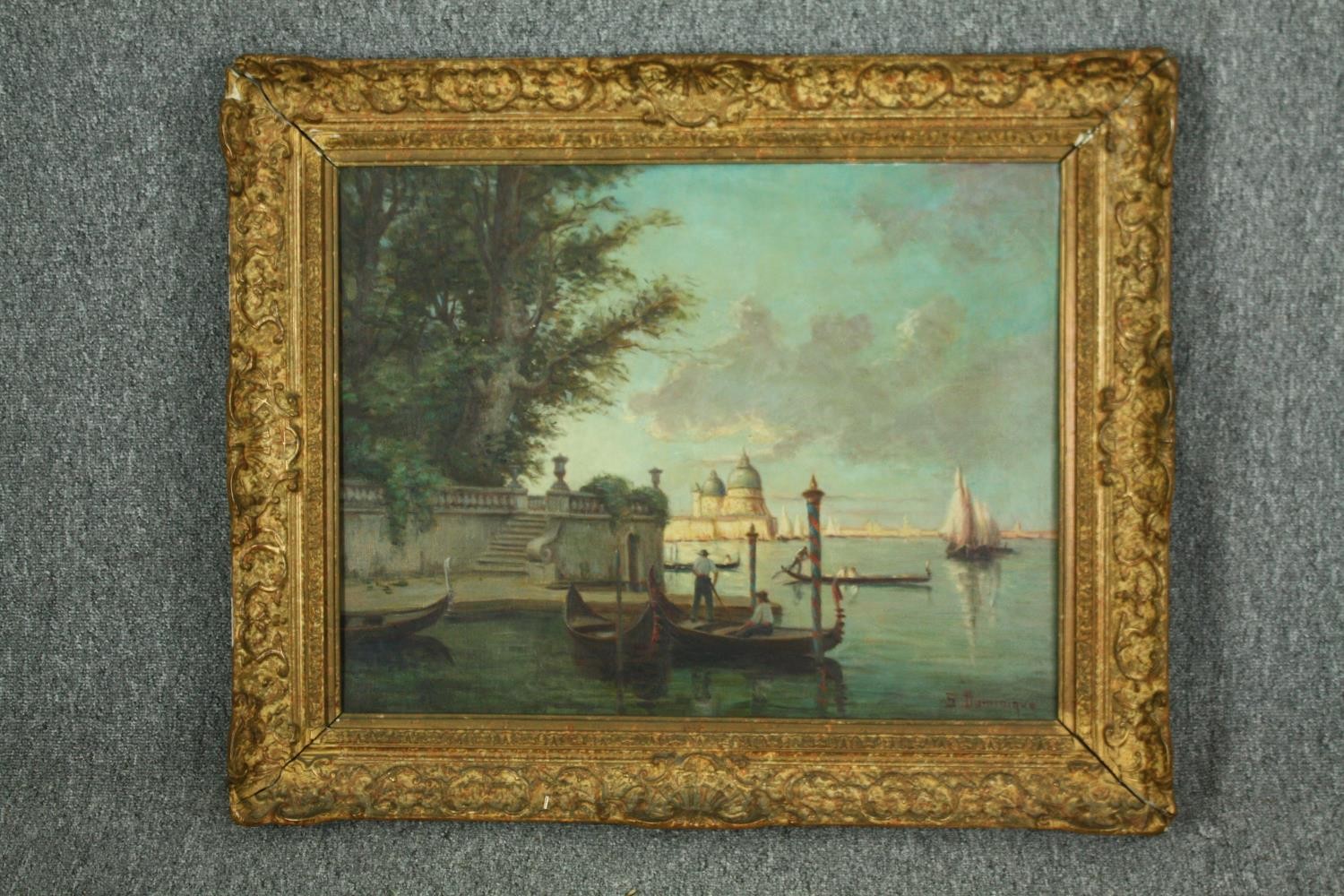 Oil on canvas, C.1900 a Venetian scene across the lagoon, signed S Dominique. H.70 W.82cm. - Image 2 of 4