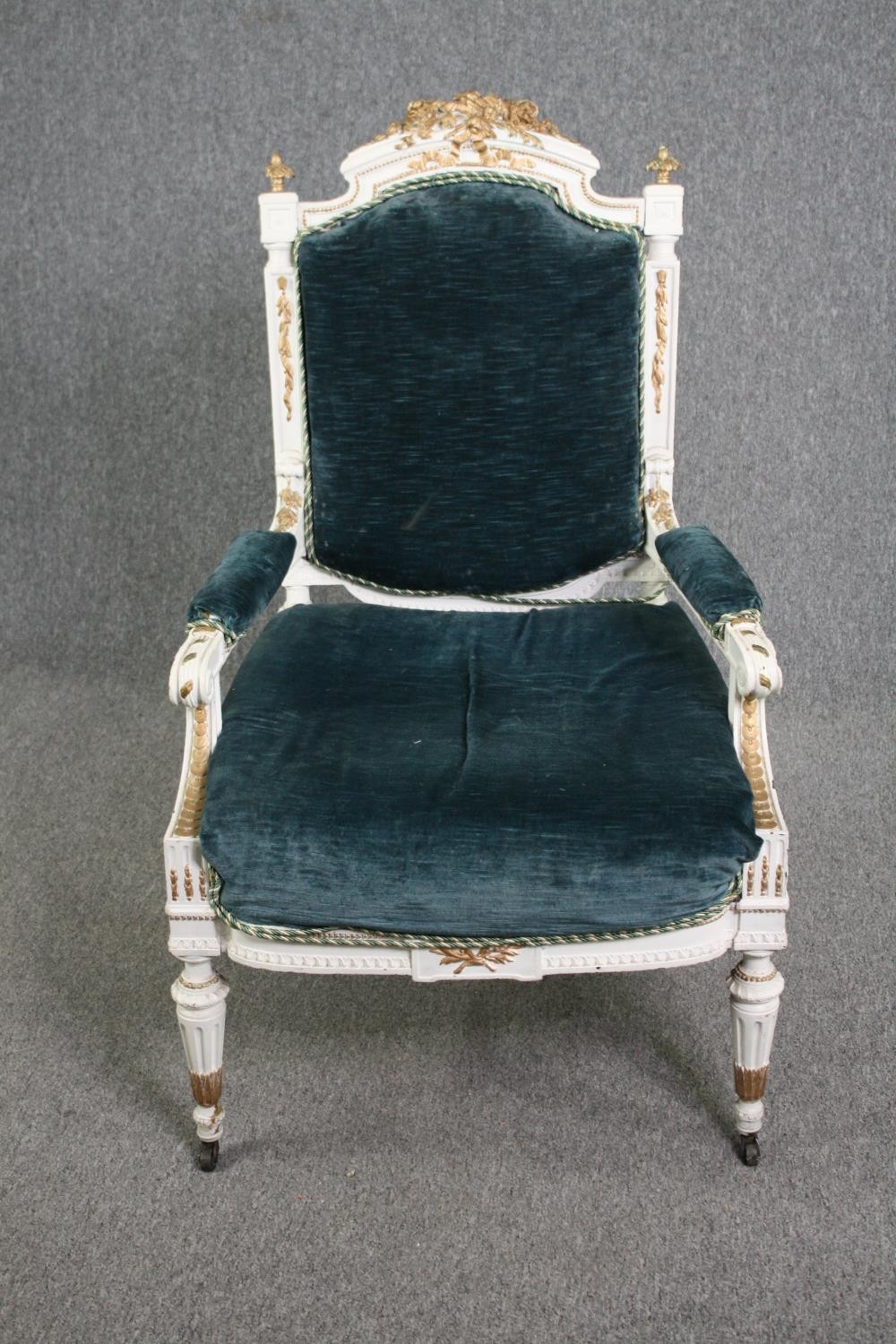 A French style distressed painted armchair and another similar. H.111cm. (Largest). - Image 6 of 8