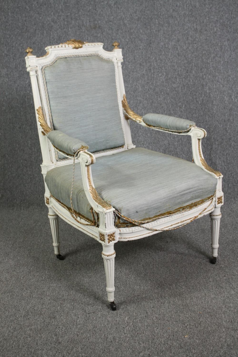 A French style distressed painted armchair and another similar. H.111cm. (Largest). - Image 3 of 8