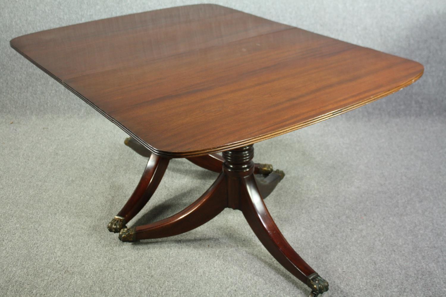 Dining table, Georgian style mahogany twin pillar with two extra leaves. H.74 W.245(ext) D.109cm. ( - Image 7 of 9