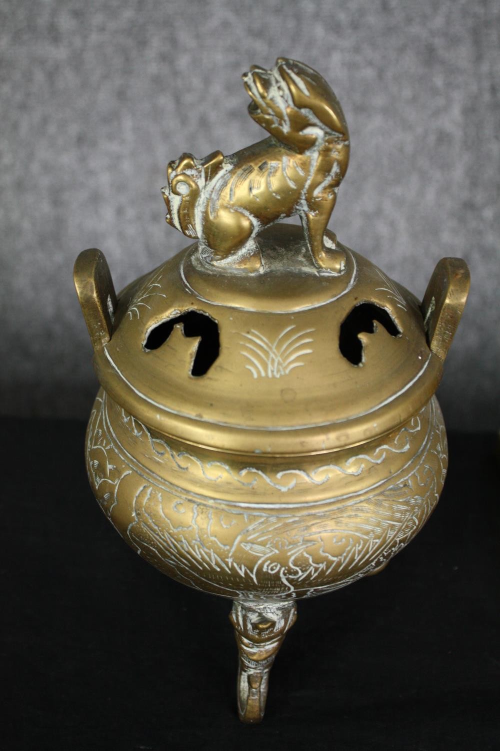 A Chinese censer with Foo dog finial, a brass and Toleware banker's lamp and a vintage brass and - Image 2 of 7