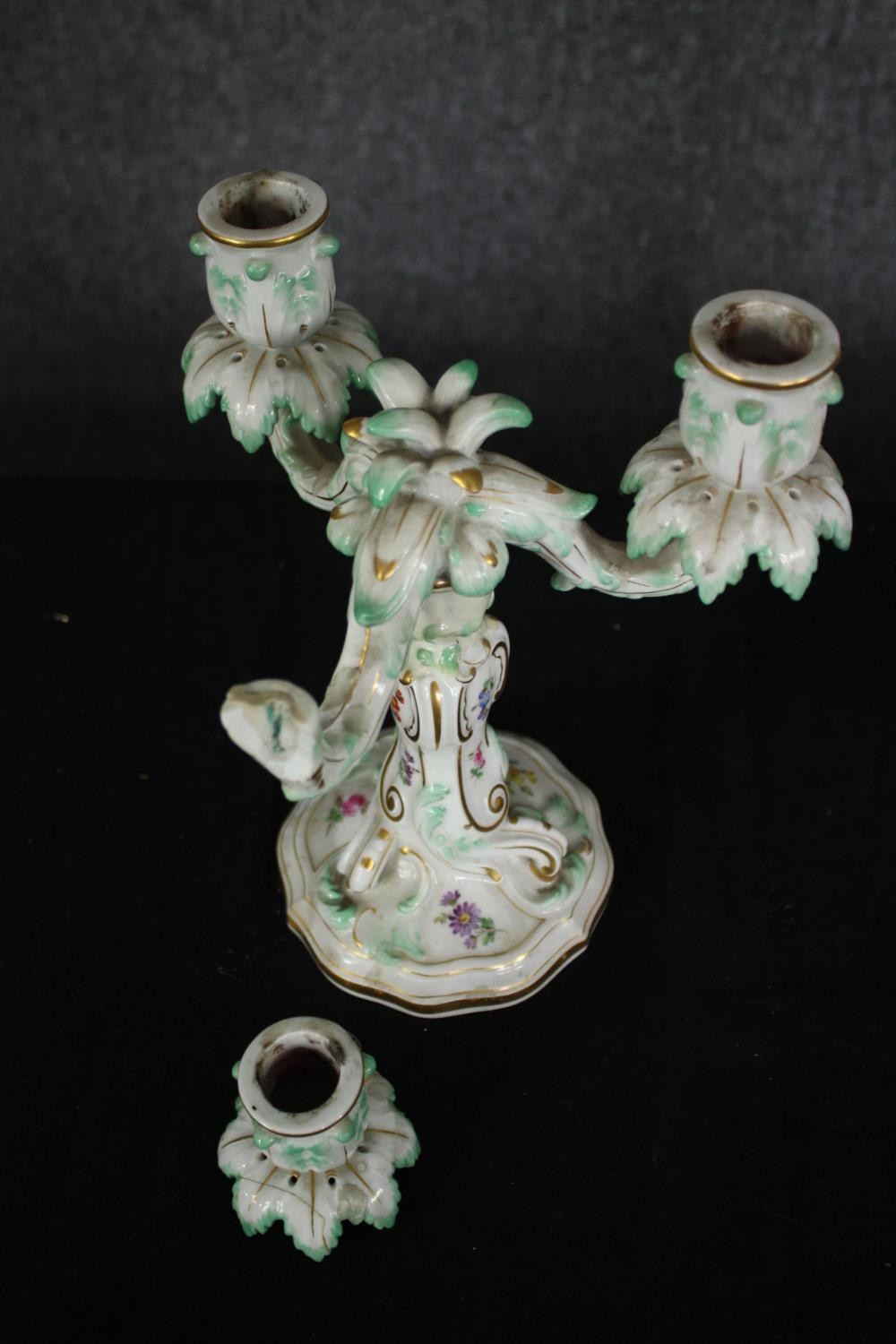 A pair of Meissen candelabras along with a larger similar example. H.38cm. (Largest). Repairs and - Image 6 of 7