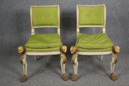 Side chairs, a pair, 19th century Empire style, painted and raised on lion mask cabriole supports.