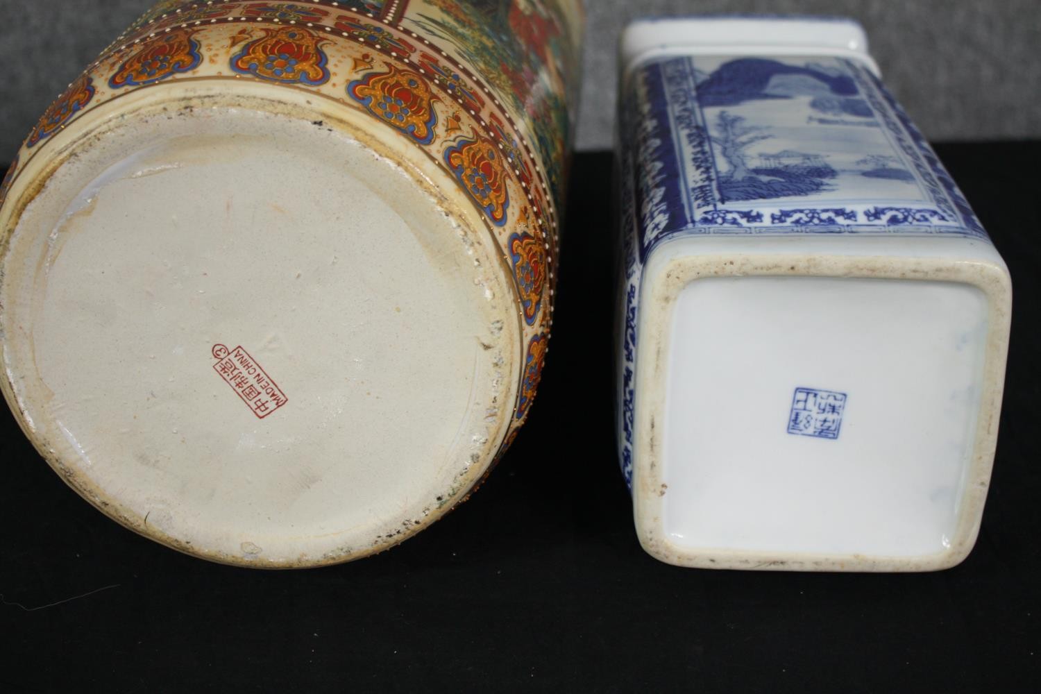 A Japanese cylindrical vase and a Chinese blue and white vase. H.46cm. (Largest). - Image 7 of 7