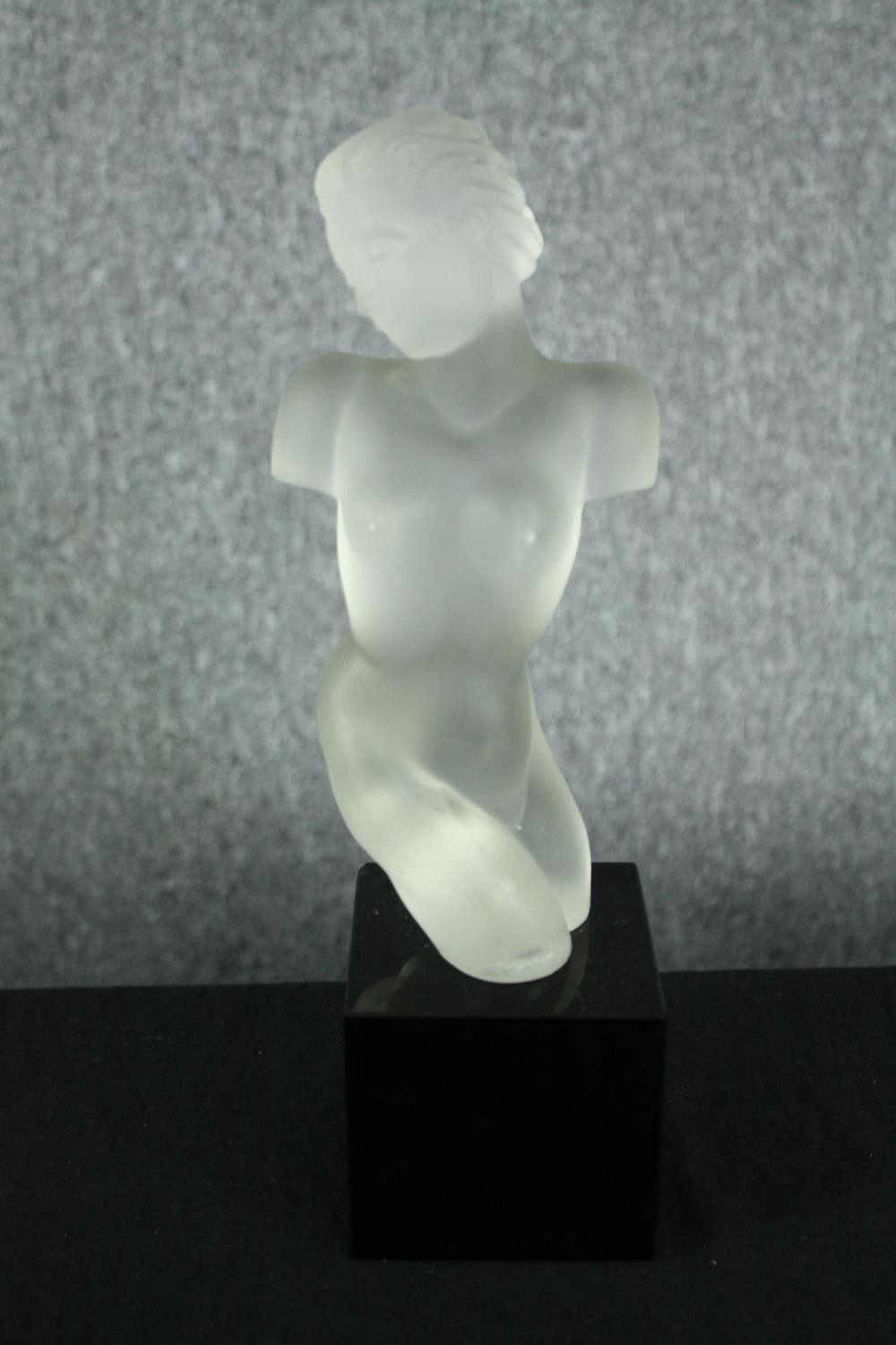 A Schlevogt Czech Art Deco frosted glass figure of a nude female torso by Eleon Von Rommel. H.29cm.