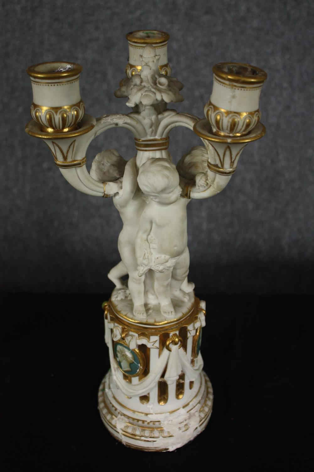 A pair of Meissen candelabras along with a larger similar example. H.38cm. (Largest). Repairs and - Image 2 of 7