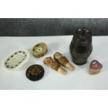 A collection of treen and pietra dura pieces, including a Georgian painted snuff box lid, a treen