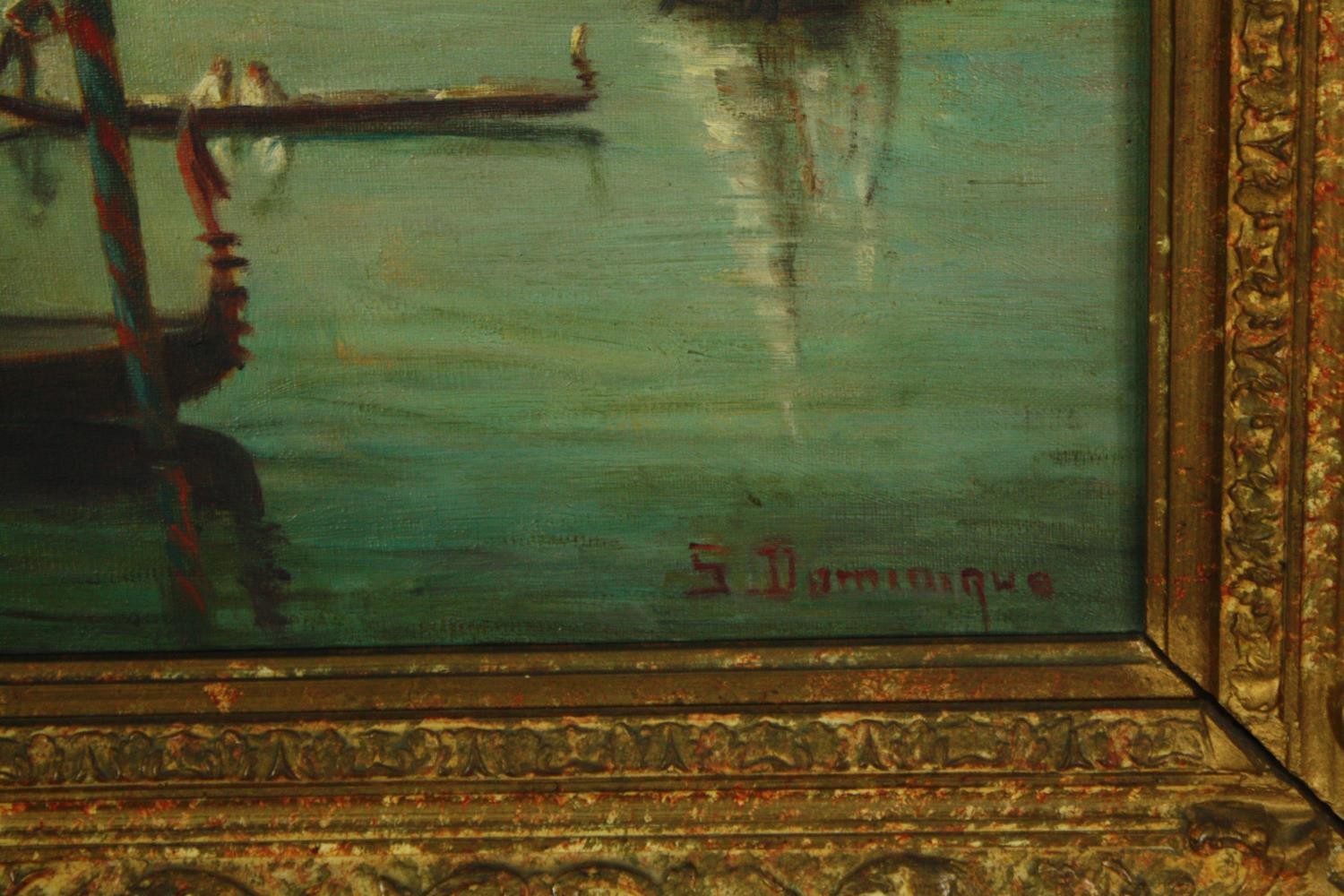 Oil on canvas, C.1900 a Venetian scene across the lagoon, signed S Dominique. H.70 W.82cm. - Image 3 of 4