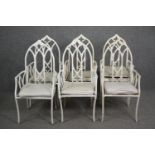 Garden or conservatory chairs, a set of six Gothic style with squab cushions. H.105cm. (Each).