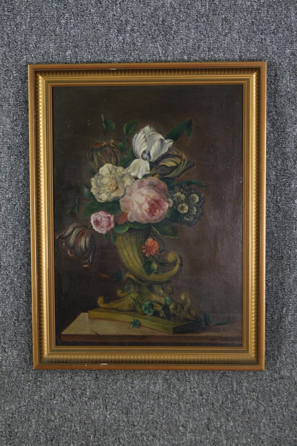 Oil on board, 19th century, still life flowers in a cornucopia vase, indistinctly signed. H.53 W. - Image 2 of 4