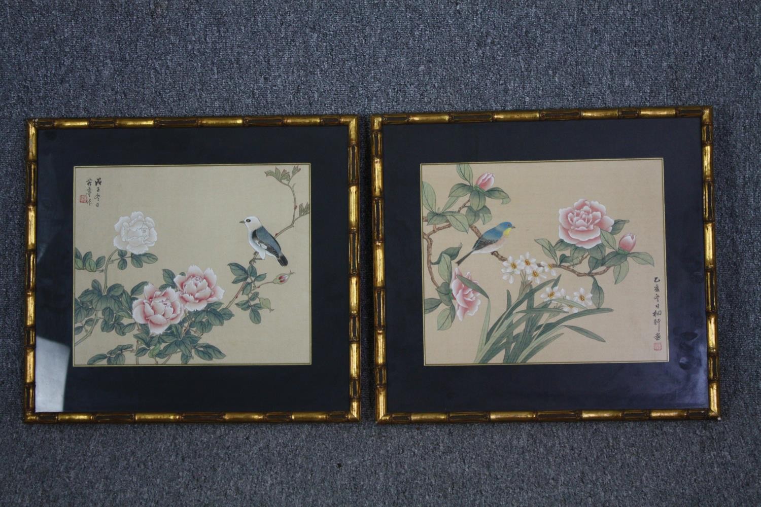 Watercolours, a pair, Japanese on silk with artist's seal, camellias and songbirds. H.47 W.50cm. (