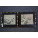 Watercolours, a pair, Japanese on silk with artist's seal, camellias and songbirds. H.47 W.50cm. (