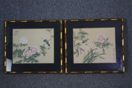 Watercolours, a pair, Japanese on silk with artist's seal, camellias and songbirds. H.47 W.50cm. (