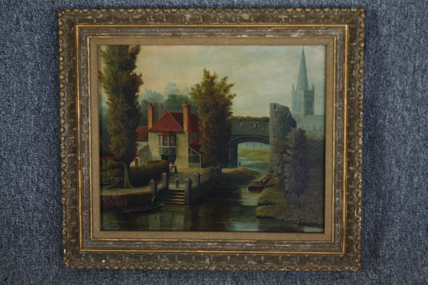 Oil on board, early 20th century, Norwich townscape with figures, signed and dated John Broughton - Image 2 of 6