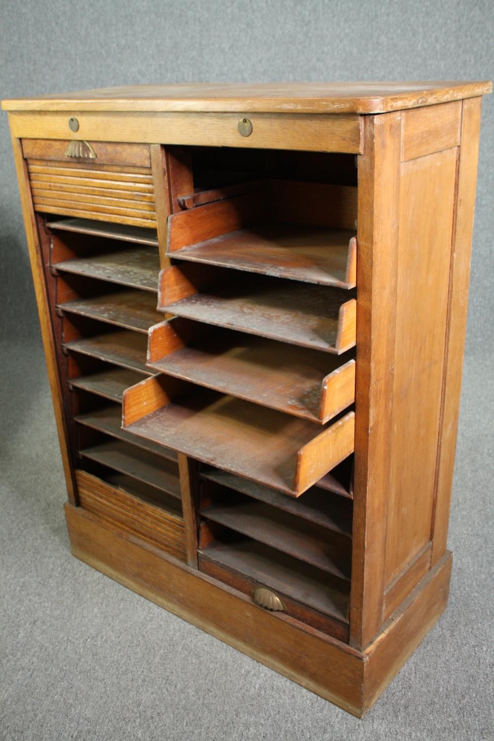 Filing cabinet, late 19th century oak. (Tambour shutter in need of repair). H.120 W.93 D.41cm. - Image 6 of 6