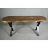 Dining table, rough hewn hardwood top on metal X trestle base. H.76 W.184 D.78cm.