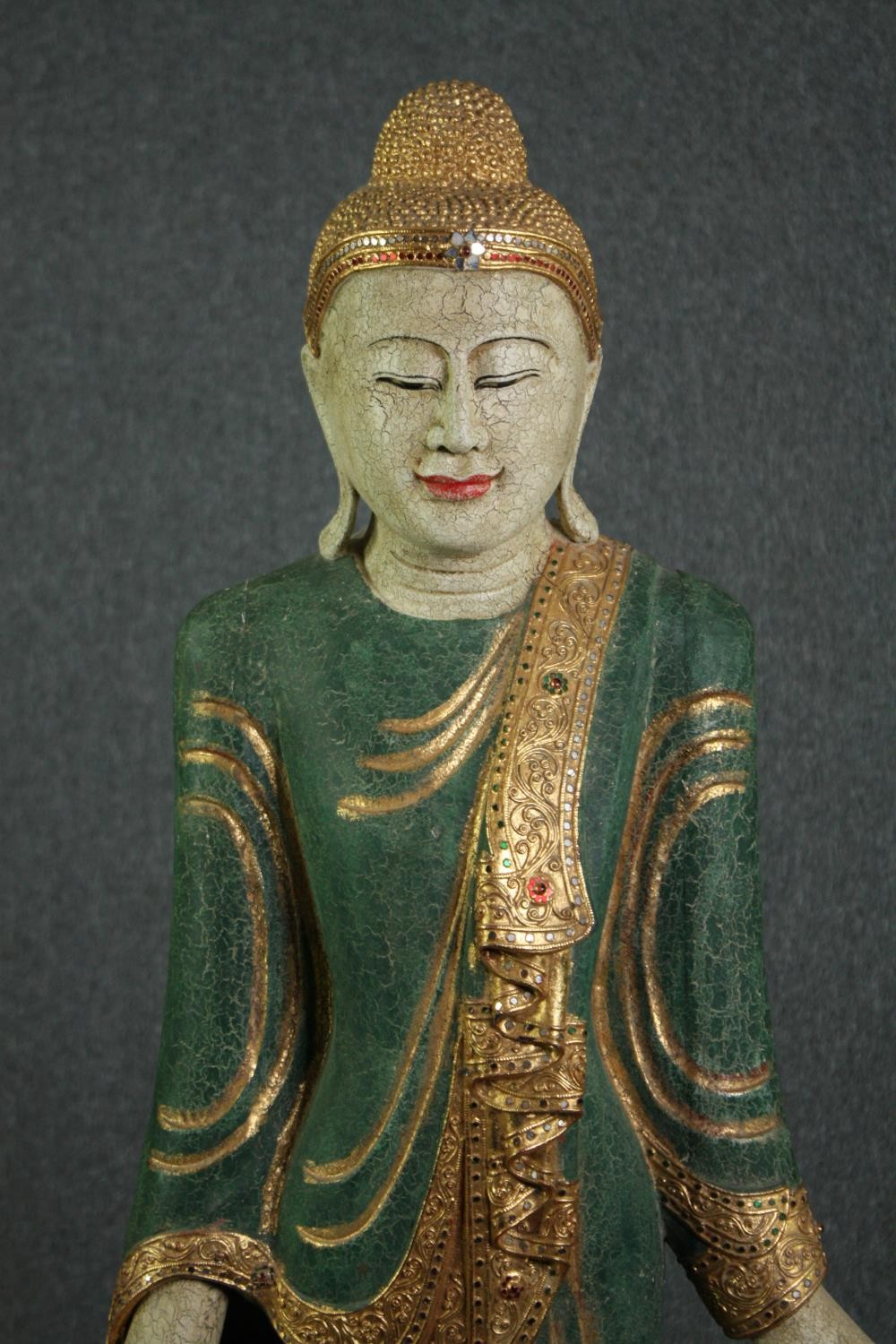 A floor standing Cambodian buddha statue, carved gilded and painted and inset with mirrored mosaic - Image 2 of 8