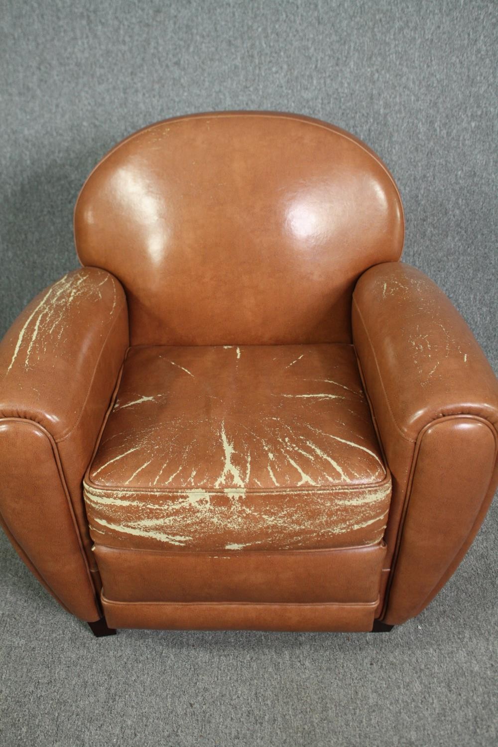 Armchairs, Art Deco style upholstered in faux leather. H.85 W.86 D.78cm. (Each) (Worn as seen). - Image 7 of 7