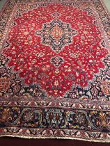 Carpet, Persian Tabriz with central pole medallion and scrolling foliate decoration across a