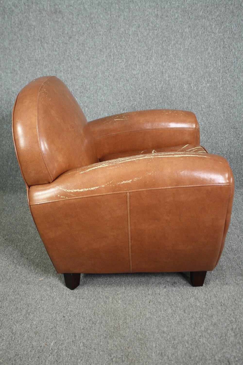 Armchairs, Art Deco style upholstered in faux leather. H.85 W.86 D.78cm. (Each) (Worn as seen). - Image 5 of 7