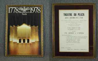 A framed bicentenary Scala poster and a Theatre du Plaza poster. (Cracked glass). H.105 W.74cm.