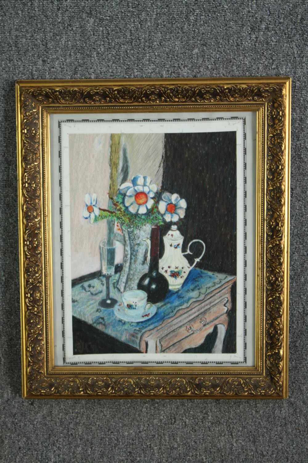 A framed and glazed still life print. Aleksander Jasin, artist's bio to the reverse. H.52 W.43cm. - Image 2 of 6