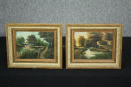 Oils on panel, a pair, figures on a path by a river, signed and dated J Broughton 1903. H.23 W.28cm.