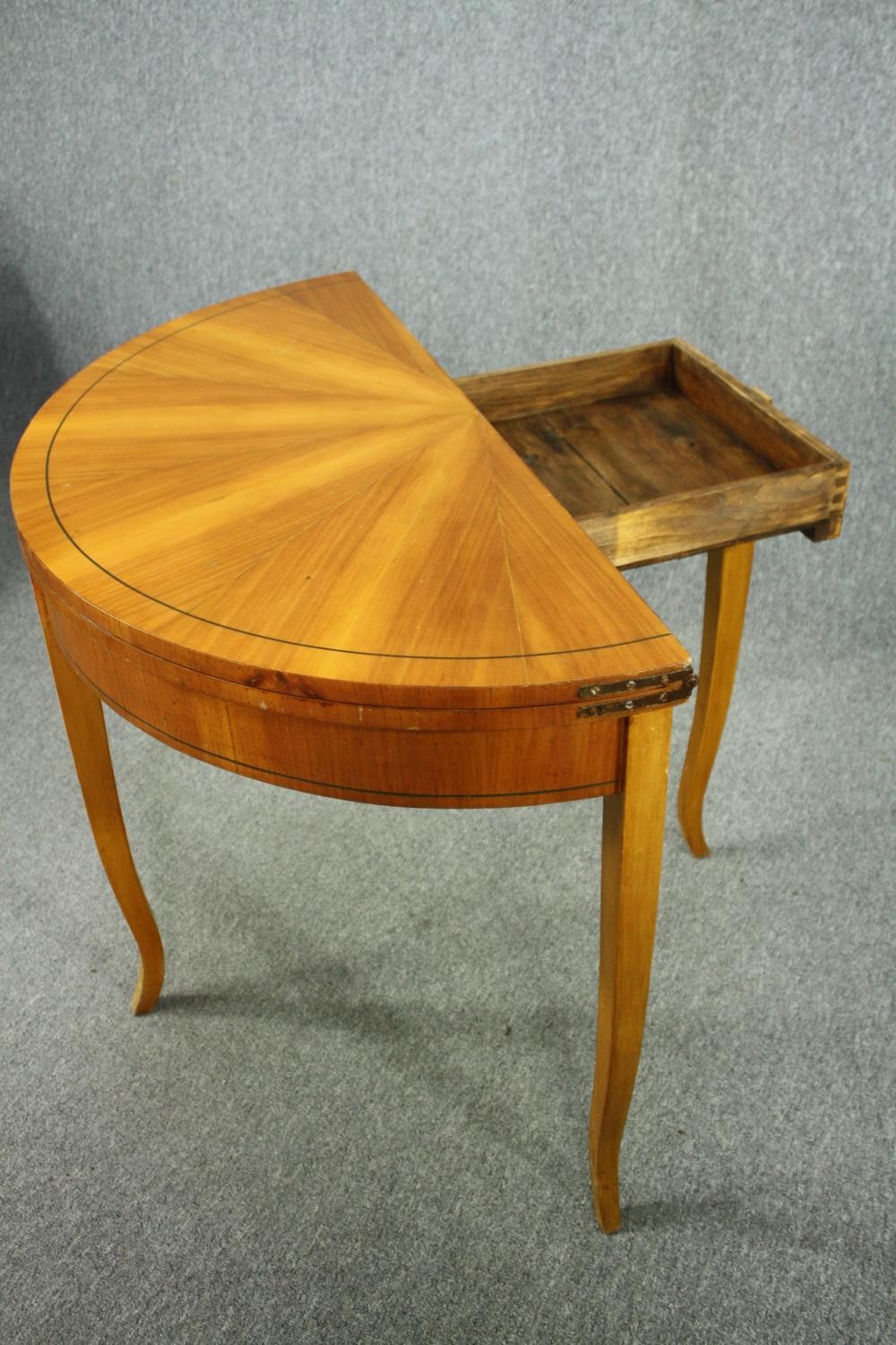 Tea table, late 19th century segment veneered birch with foldover top raised on slender cabriole - Image 4 of 7