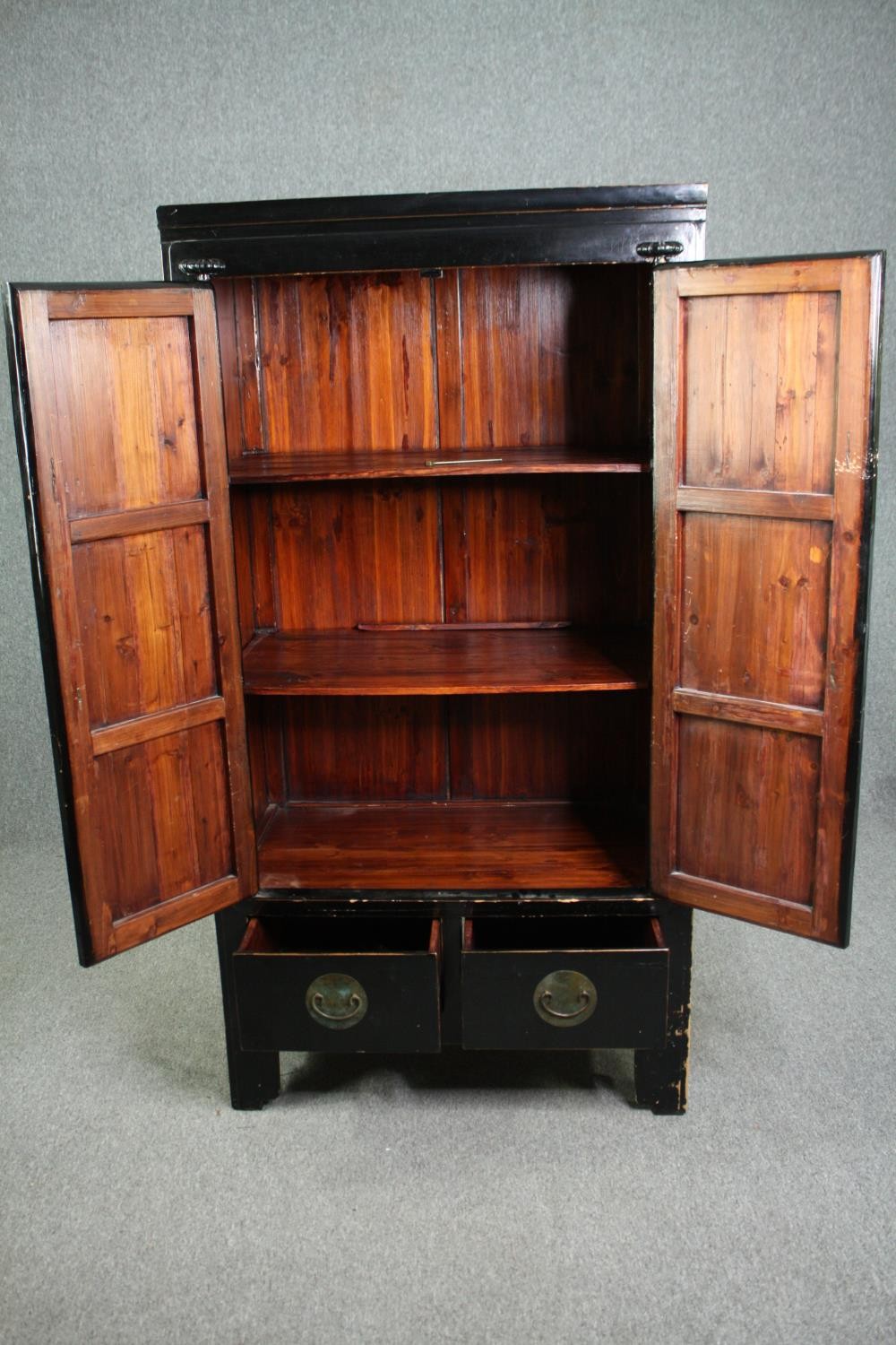 Hall cupboard, Chinese lacquered fitted with base drawers. H.174 W.92 D.53cm. - Image 7 of 9