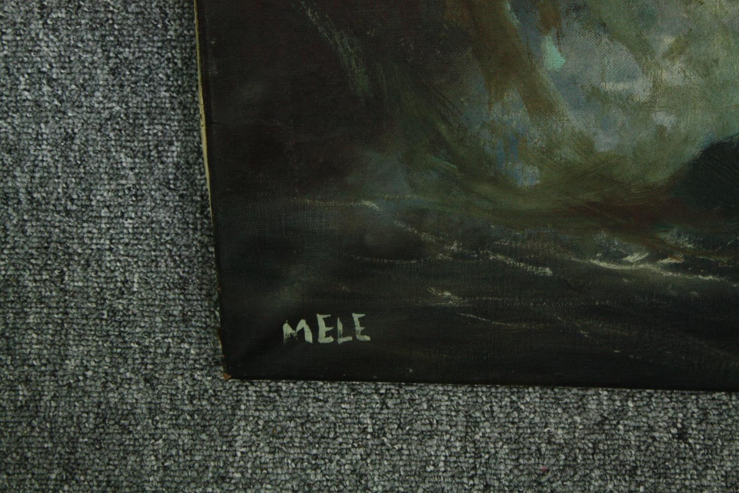 Oil on canvas, a stormy sea, signed Mele. Unframed. H.59 W.128cm. - Image 3 of 4