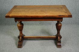 Dining table, mid century oak Jacobean style with draw leaf action. H.76 W.183 (ext) D.83cm.