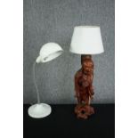 A mid century carved figurative Chinese lamp with brass fittings and a modern desk lamp. H.60cm. (